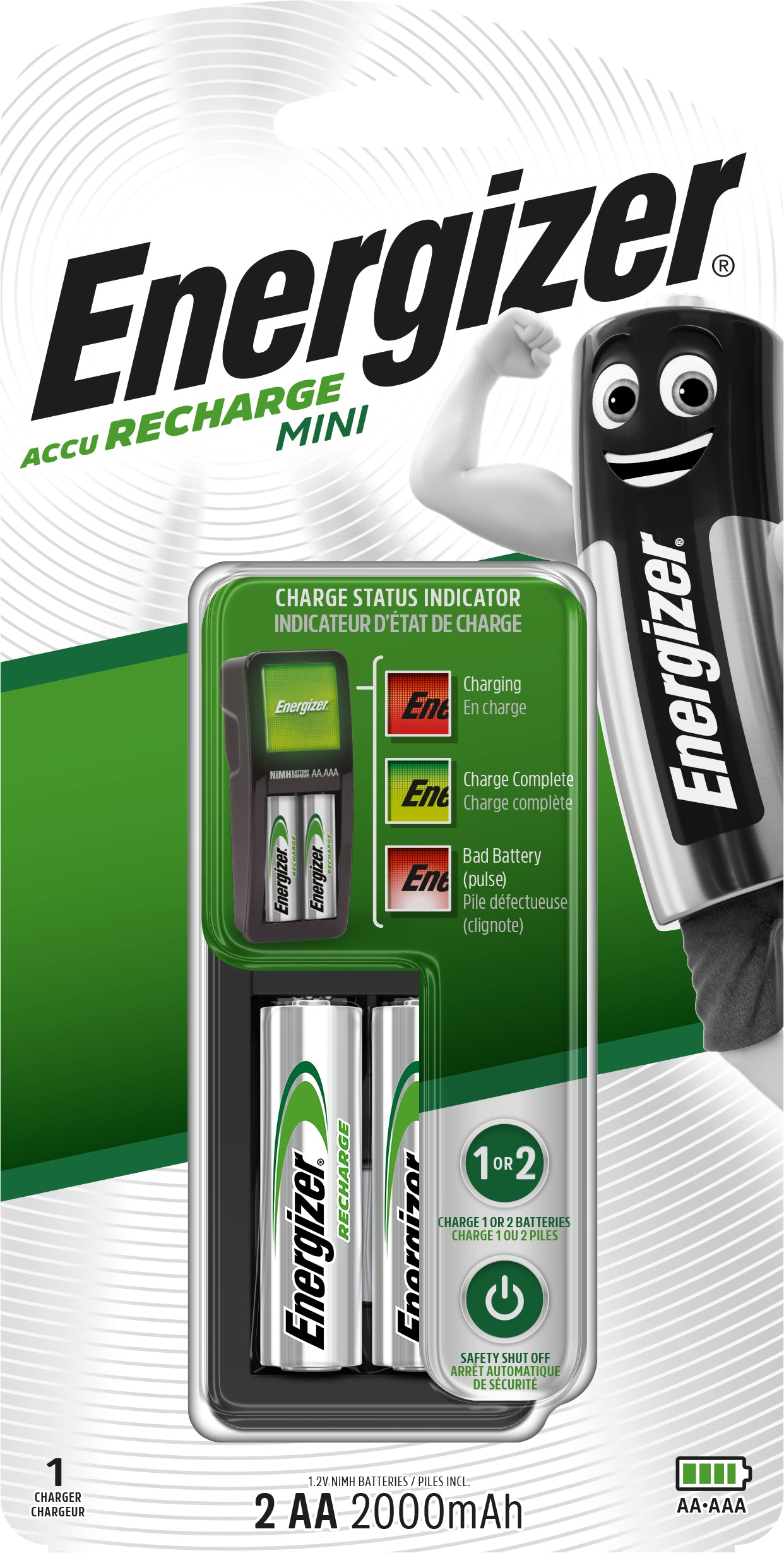 Energizer Mini Charger Batterieladegerät 2× – für NiMH AA/AAA – inkl. 2× 2000 mAh Akkus – schwarz