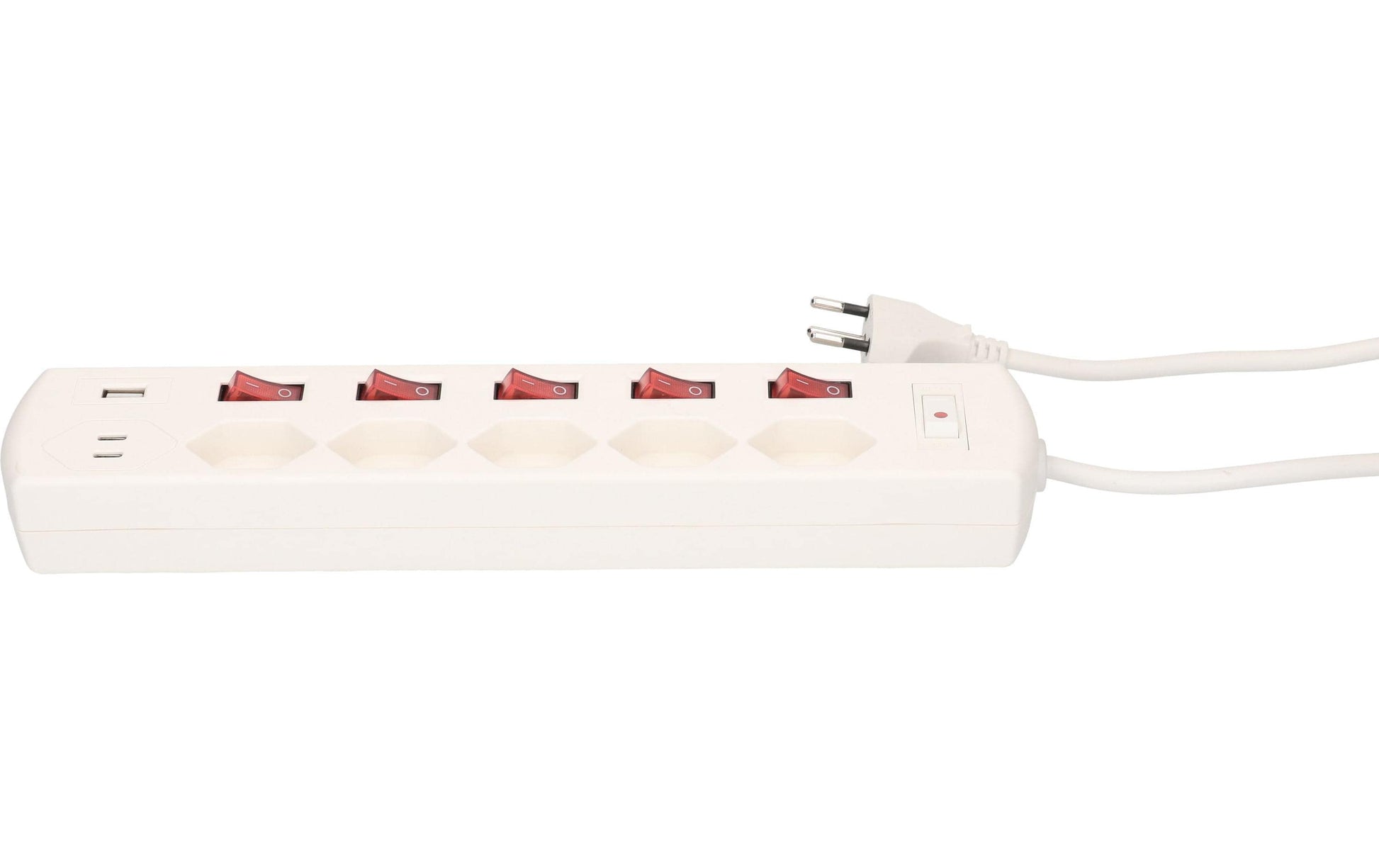 Max Hauri AG Max Hauri Steckdosenleiste, 5×T13, 1×USB‑A 18 W + 1×USB‑C PD 20 W, mit Schalter, 1,5 m, Eingang T12 – weiss