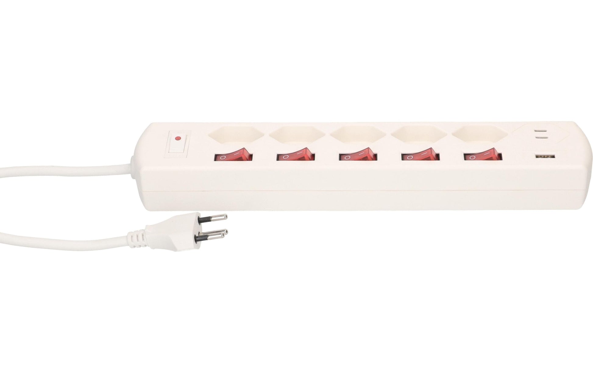 Max Hauri AG Max Hauri Steckdosenleiste, 5×T13, 1×USB‑A 18 W + 1×USB‑C PD 20 W, mit Schalter, 1,5 m, Eingang T12 – weiss