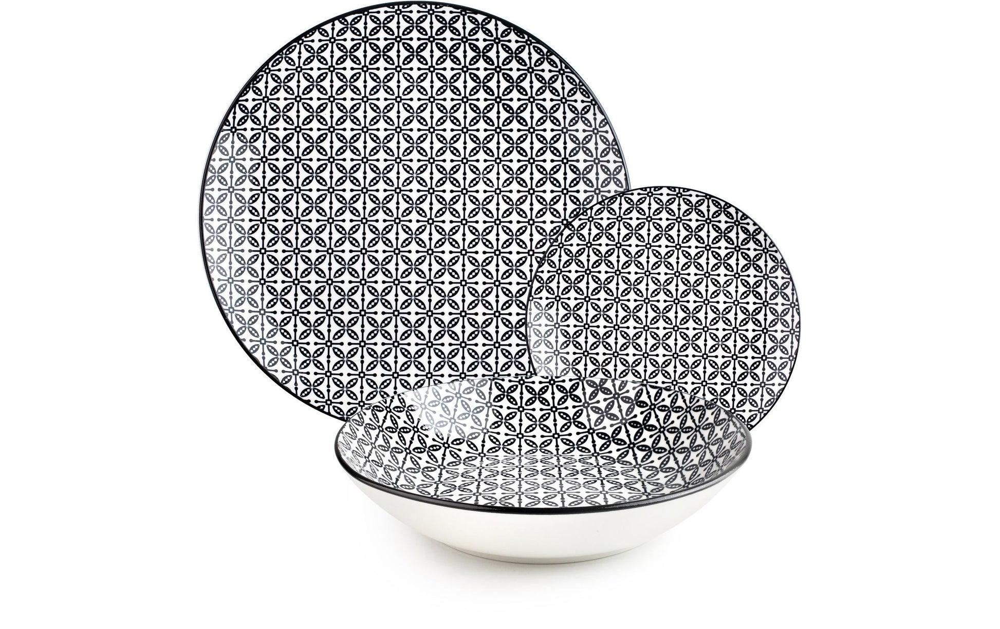 Ibili Speise-Service – 12-teilig, Ø 26,8/20/19,2 cm, Porzellan, Schwarz/Weiss, spülmaschinenfest