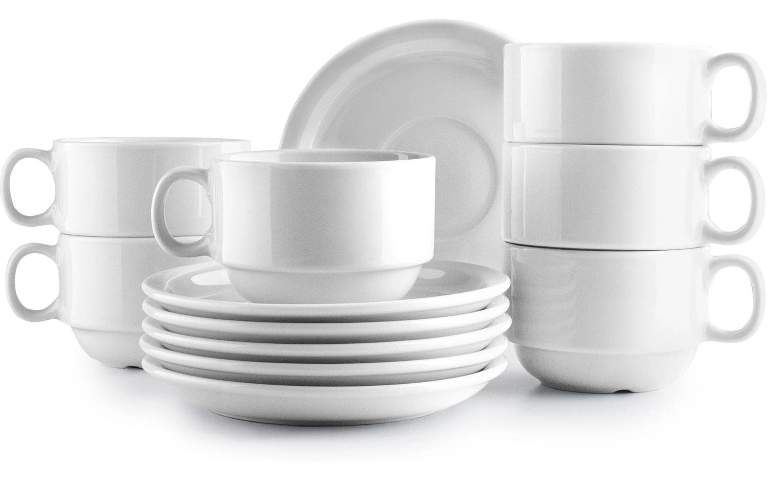 Ibili Kaffeetassen mit Unterteller – 12-teiliges Set, 230 ml, Glas, Weiss, spülmaschinenfest, mikrowellengeeignet