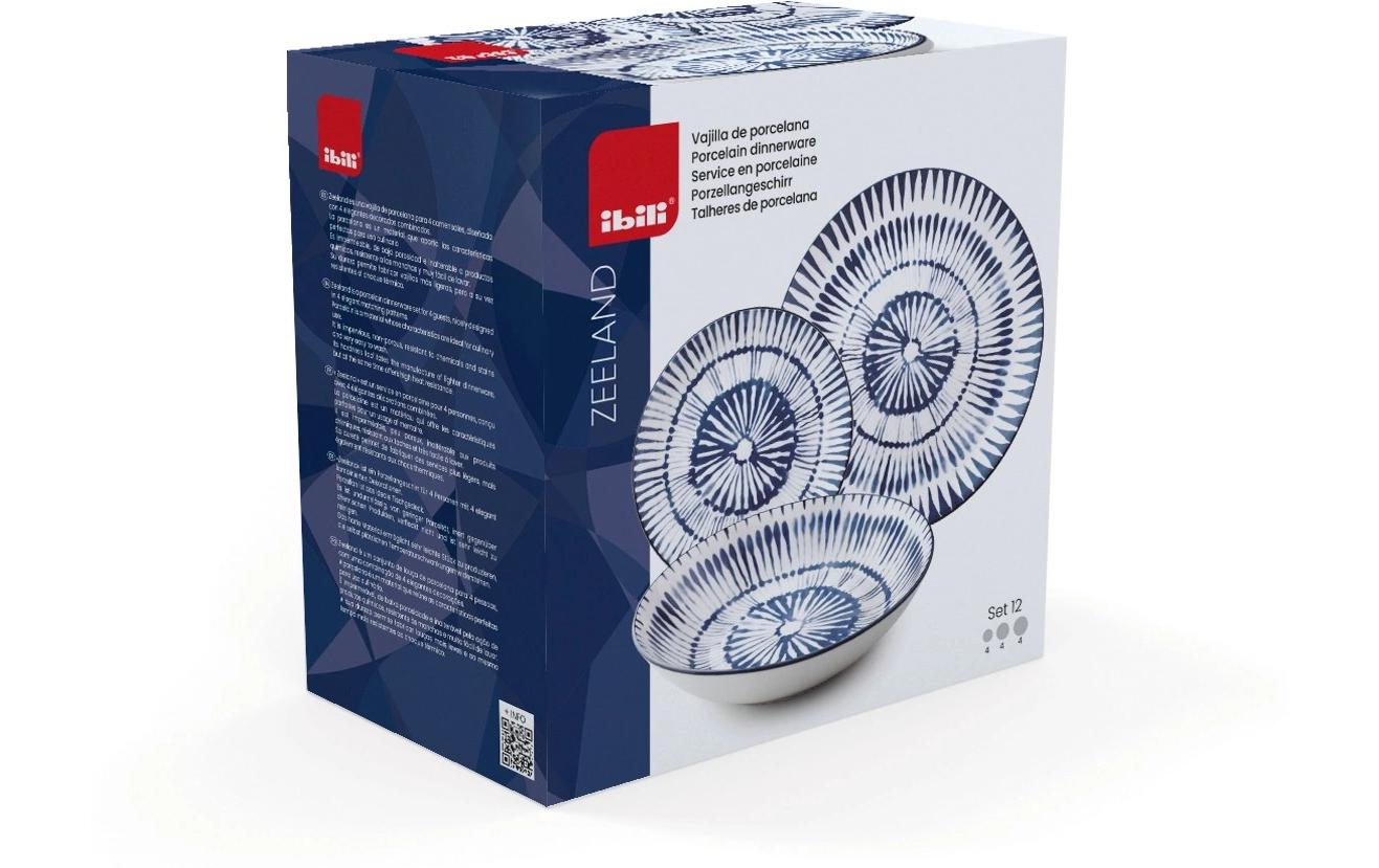 Ibili Zeeland Speise-Service – 12-teilig, Ø 26,8/20/19,2 cm, Porzellan, Blau/Weiss, spülmaschinenfest