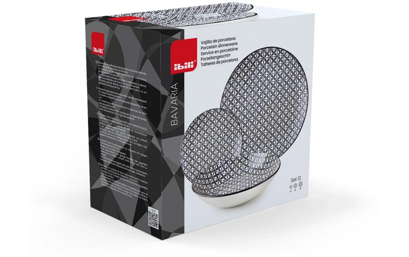 Ibili Speise-Service – 12-teilig, Ø 26,8/20/19,2 cm, Porzellan, Schwarz/Weiss, spülmaschinenfest