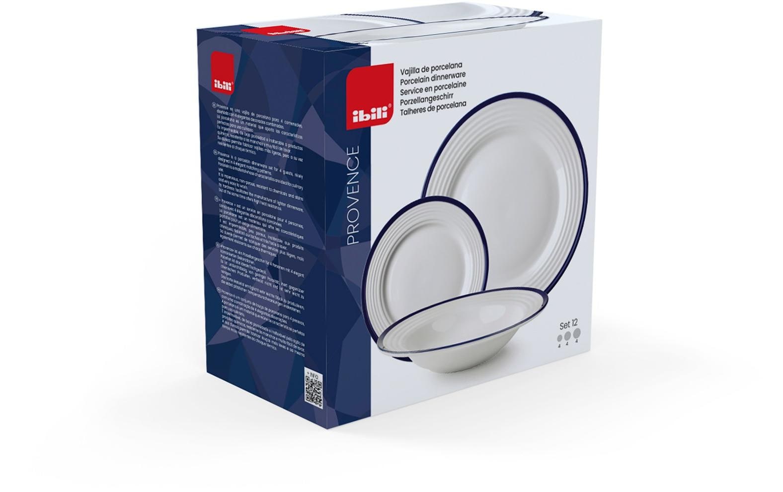 Ibili Speise-Service Provence – Set 12-teilig, Ø 27,1 cm, Porzellan, Blau/Weiss, spülmaschinenfest