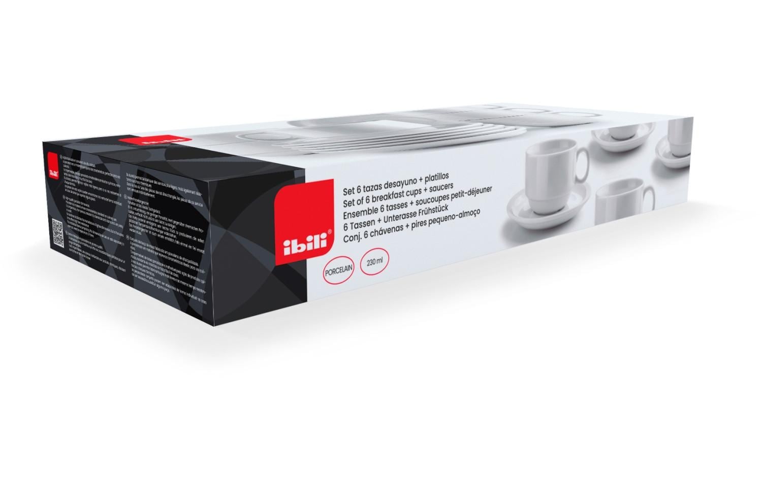 Ibili Kaffeetassen mit Unterteller – 12-teiliges Set, 230 ml, Glas, Weiss, spülmaschinenfest, mikrowellengeeignet