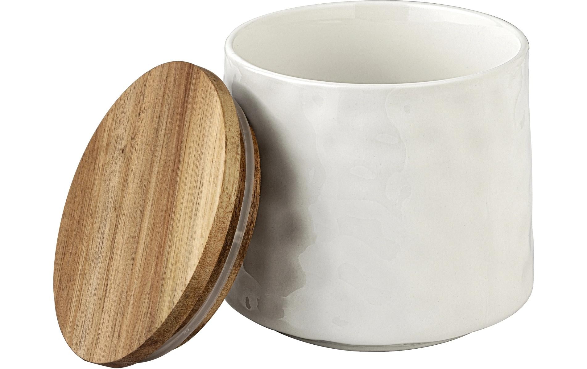 WENKO Vorratsdose 550 ml, Ø 11 × 10 cm, Keramik/Holz, Weiss/Braun