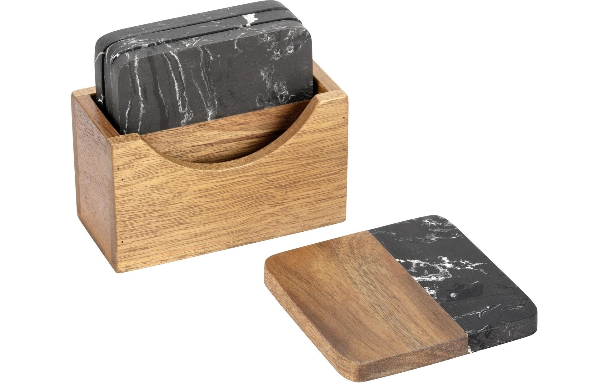 Wenko Untersetzer Atami – 4er Set, 10 × 10 × 1 cm, Marmor/Holz, Schwarz/Braun