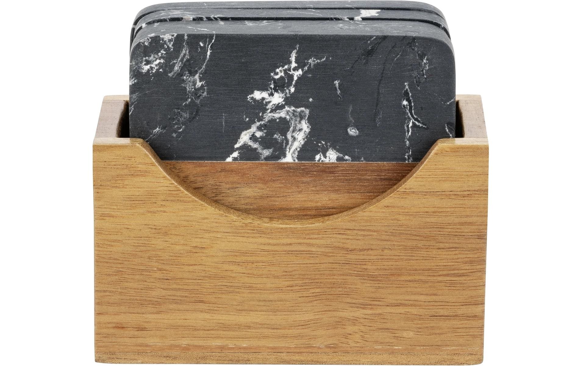 Wenko Untersetzer Atami – 4er Set, 10 × 10 × 1 cm, Marmor/Holz, Schwarz/Braun
