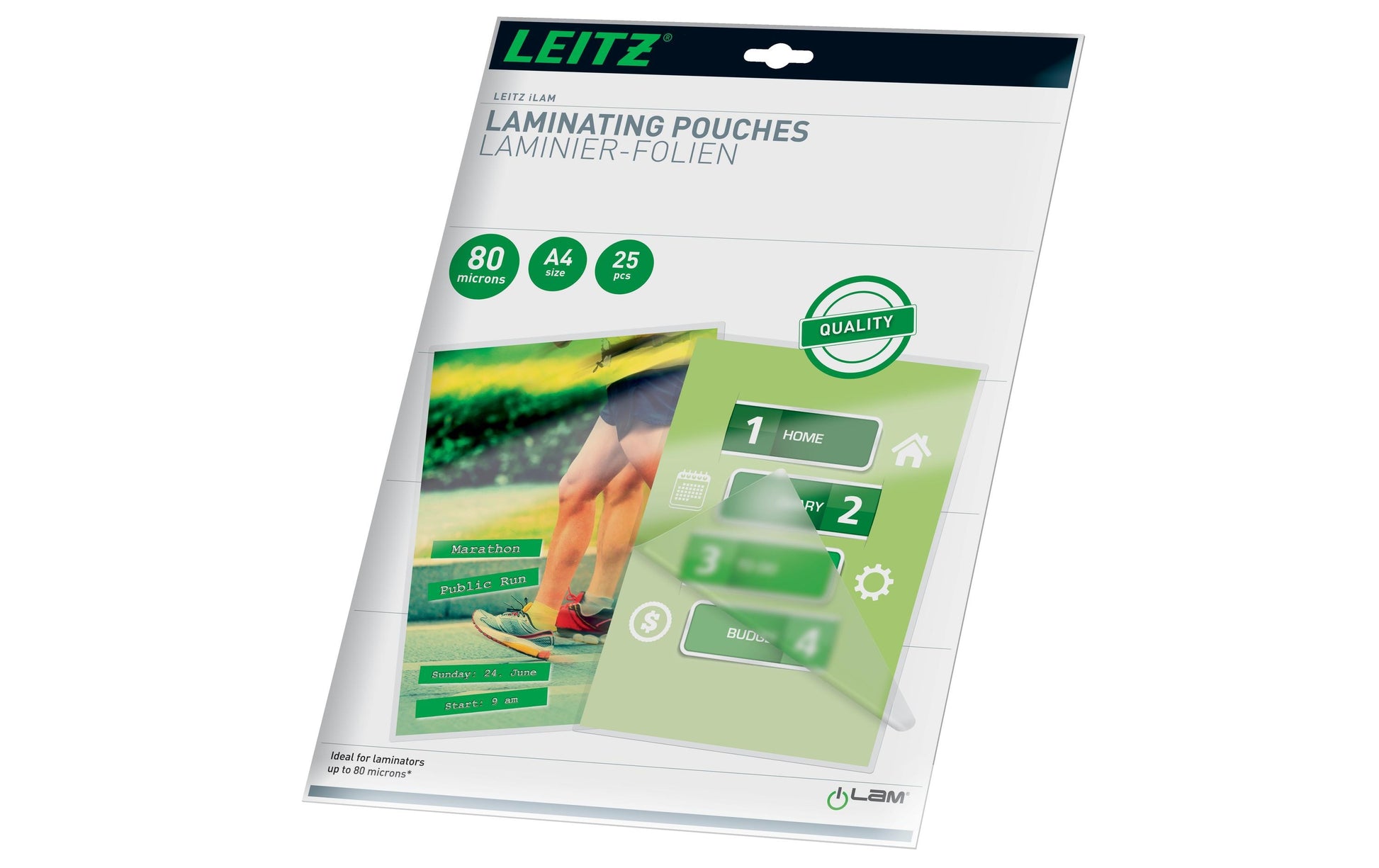 Leitz Laminierfolien A4, glänzend – 80 µm, 216 × 303 mm, 25 Stk.