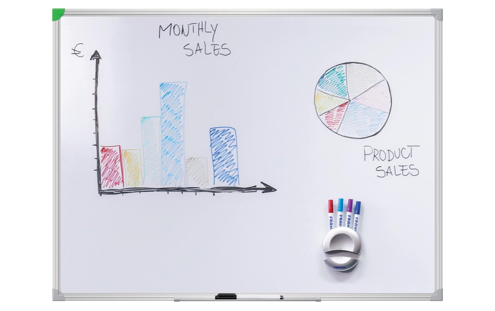 Franken Whiteboard – 120 × 80 cm, lackierter Stahl, magnetisch, Aluminiumrahmen, Wandmontage, inkl. Ablageschale