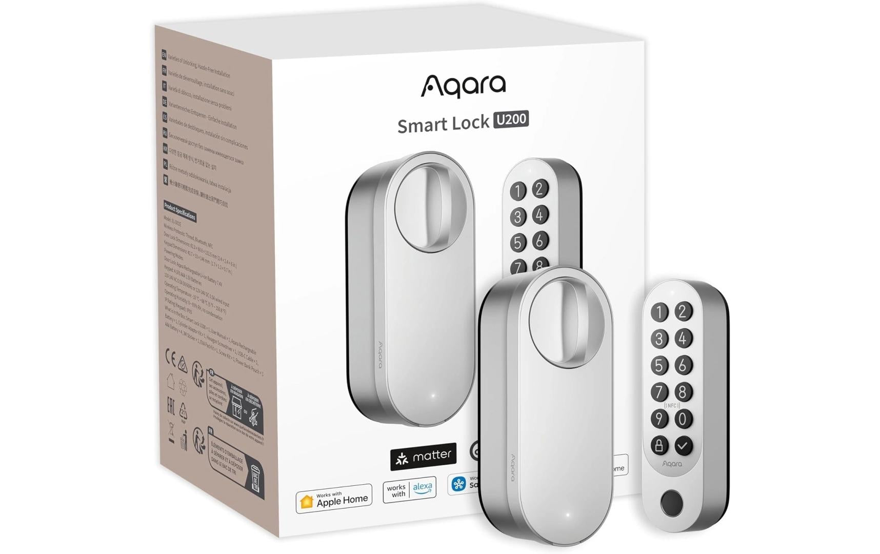 Aqara U200 Smart-Türschloss – BT, Code, Schlüssel, RF-Karte, Fernbedienung, Akku, IPX5, Türe, Silber