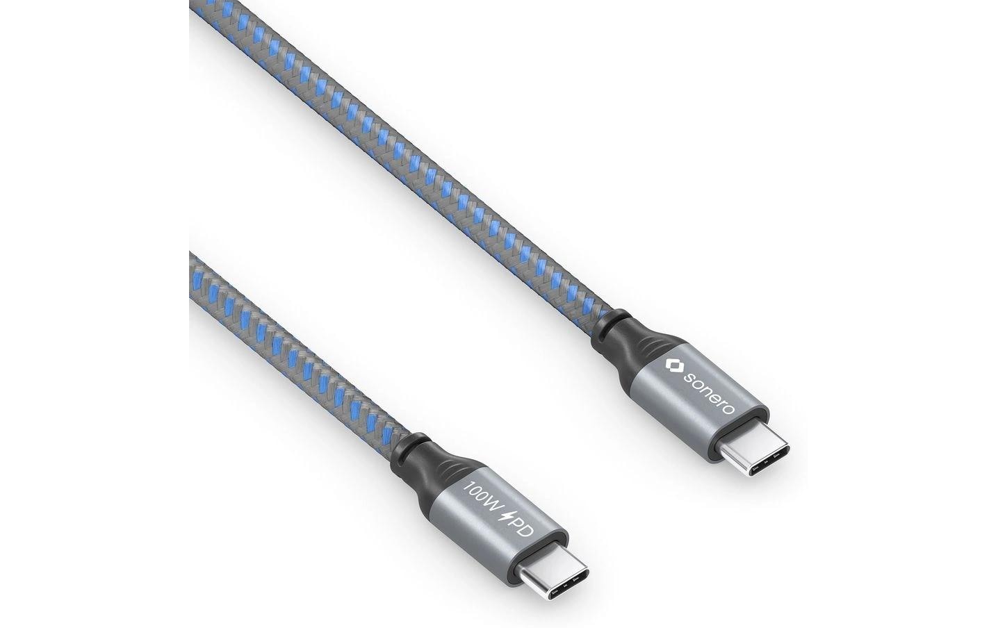Sonero – USB-C auf USB-C Kabel – USB 2.0 (480 Mbit/s) – 2 m – PD 100 W – Baumwollmantel, Blau/Grau