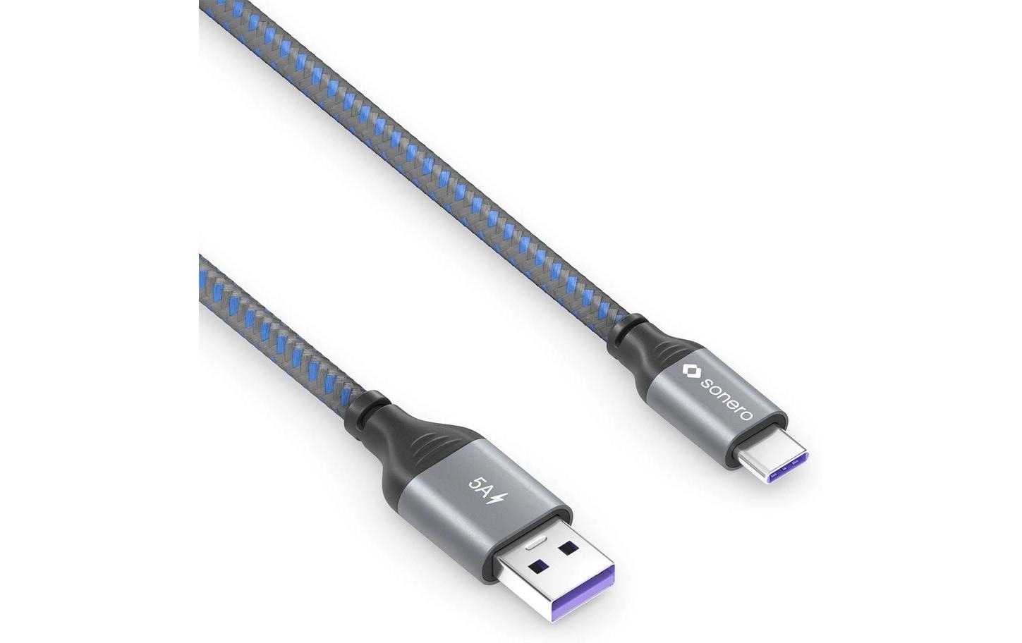 Sonero – USB-C auf USB-A Kabel – USB 2.0 (480 Mbit/s) – 2 m – PD 100 W – Textilmantel – Blau/Grau