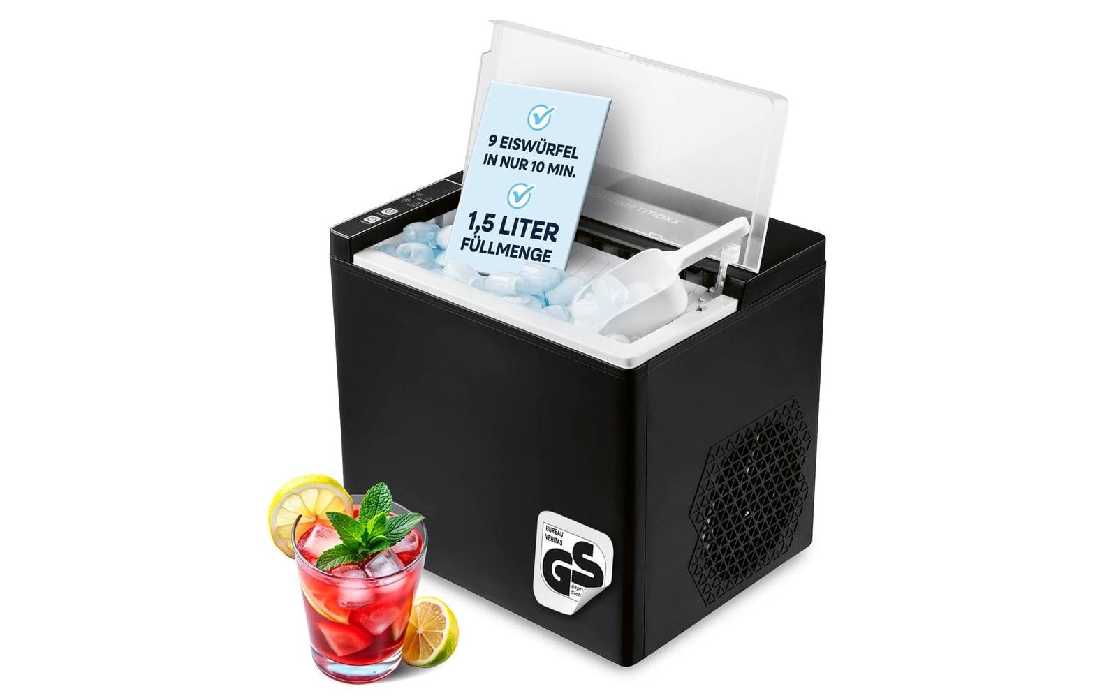 Gourmetmaxx Eiswürfelmaschine – 12 kg/24 h, 1,5 l Tank, 150 W, ohne Festwasseranschluss, schwarz