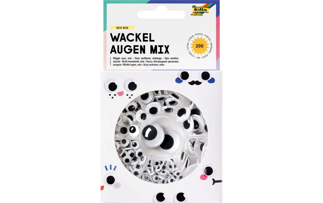 Folia Wackelaugen, selbstklebend, 200 Stk, 7 Grössen Ø 5–20 mm (14 mm mit Wimpern)