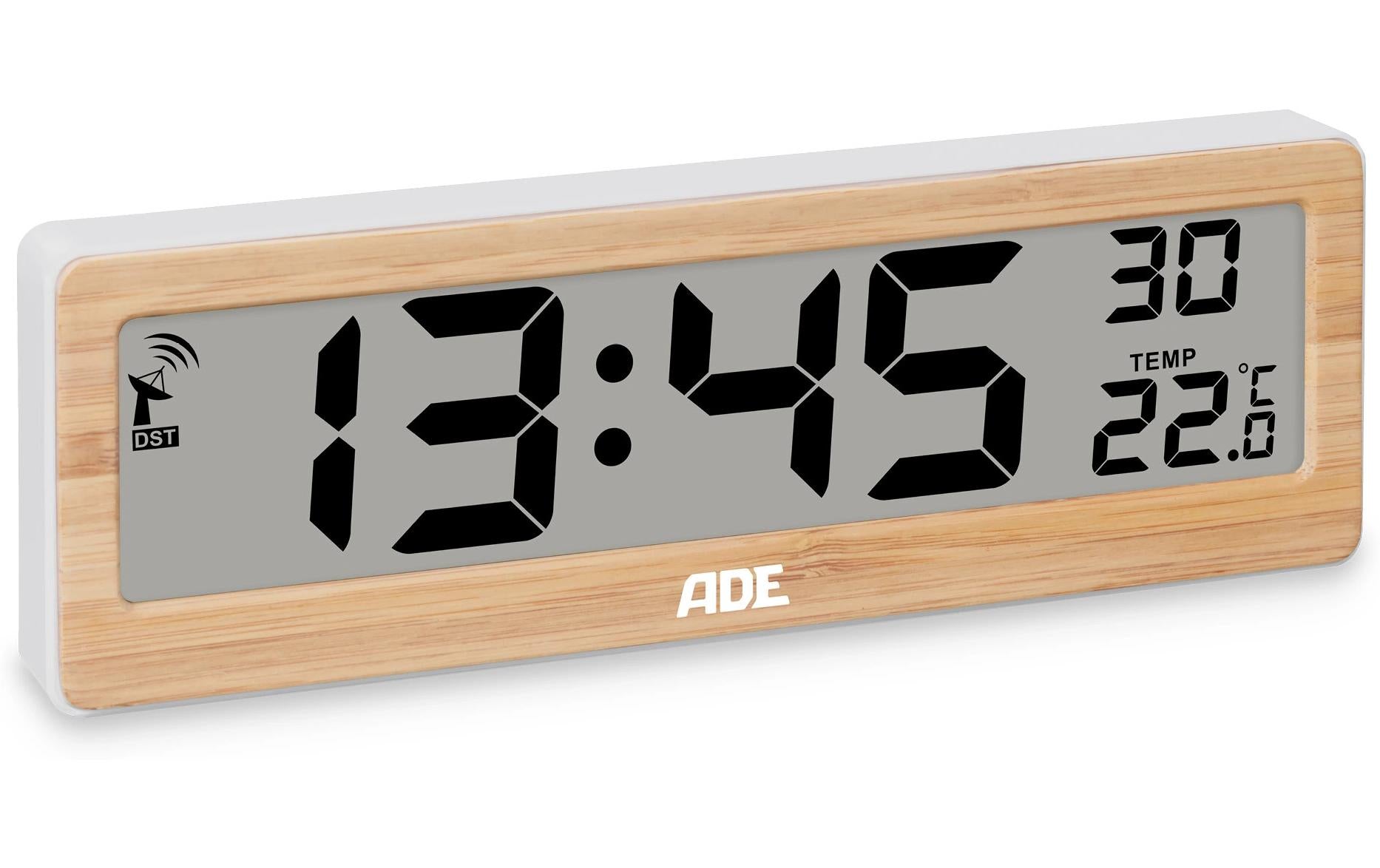ADE Tischuhr CK1704 – Funk – Digital – 21,6 × 7,2 × 2,2 cm, Braun, Bambus, Thermometer
