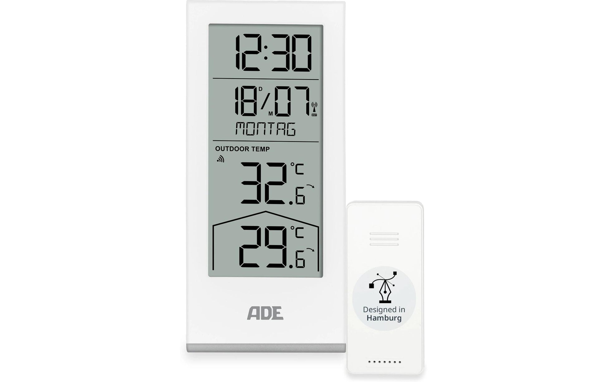 ADE Wetterstation – Funk, inkl. Aussensensor, Uhrzeitanzeige – Weiss
