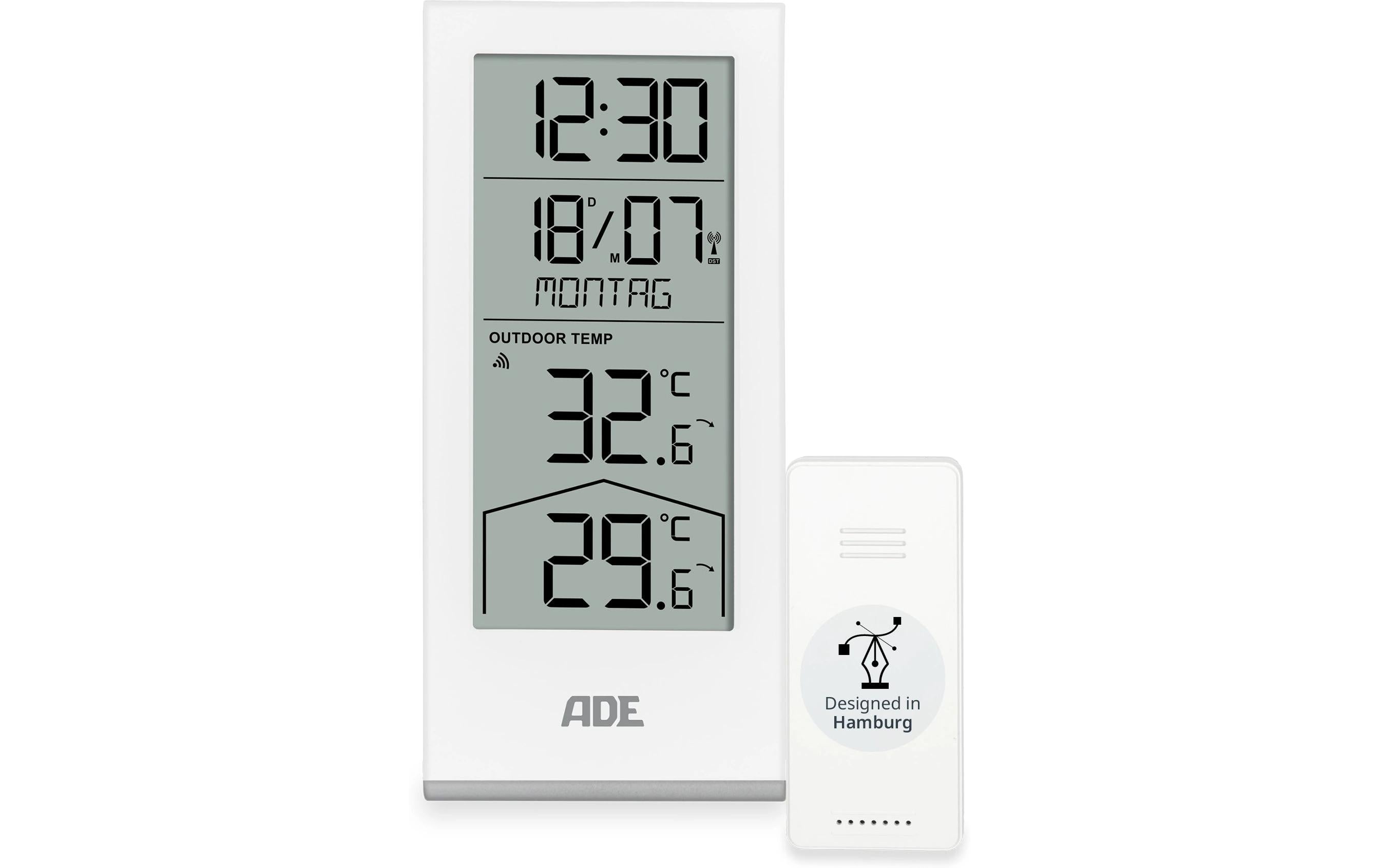 ADE Wetterstation – Funk, inkl. Aussensensor, Uhrzeitanzeige – Weiss