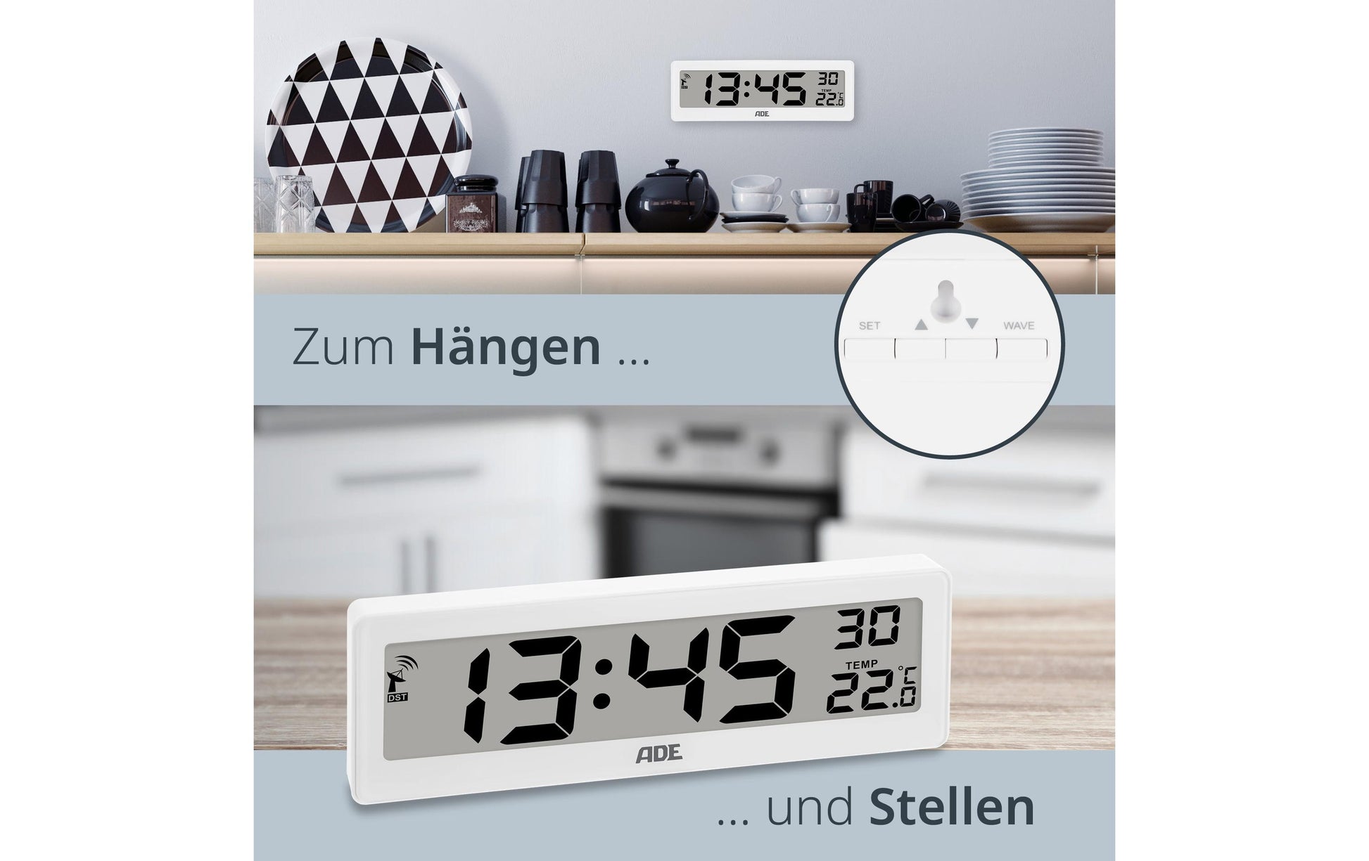 ADE Wecker CK1704-1 Funk – Digital – 21,6 × 2,2 × 7,2 cm, Weiss, Schlummerfunktion, Thermometer