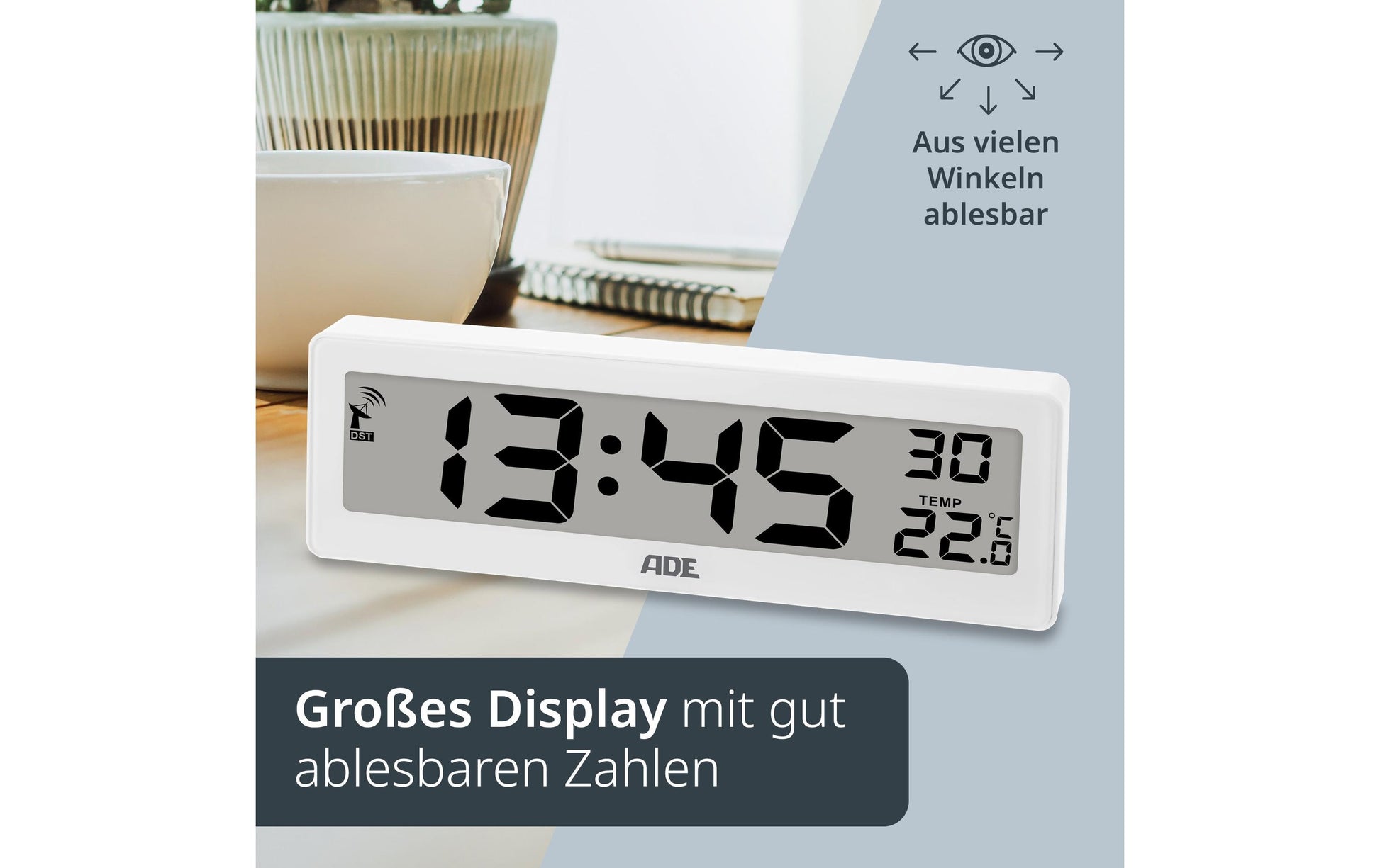 ADE Wecker CK1704-1 Funk – Digital – 21,6 × 2,2 × 7,2 cm, Weiss, Schlummerfunktion, Thermometer