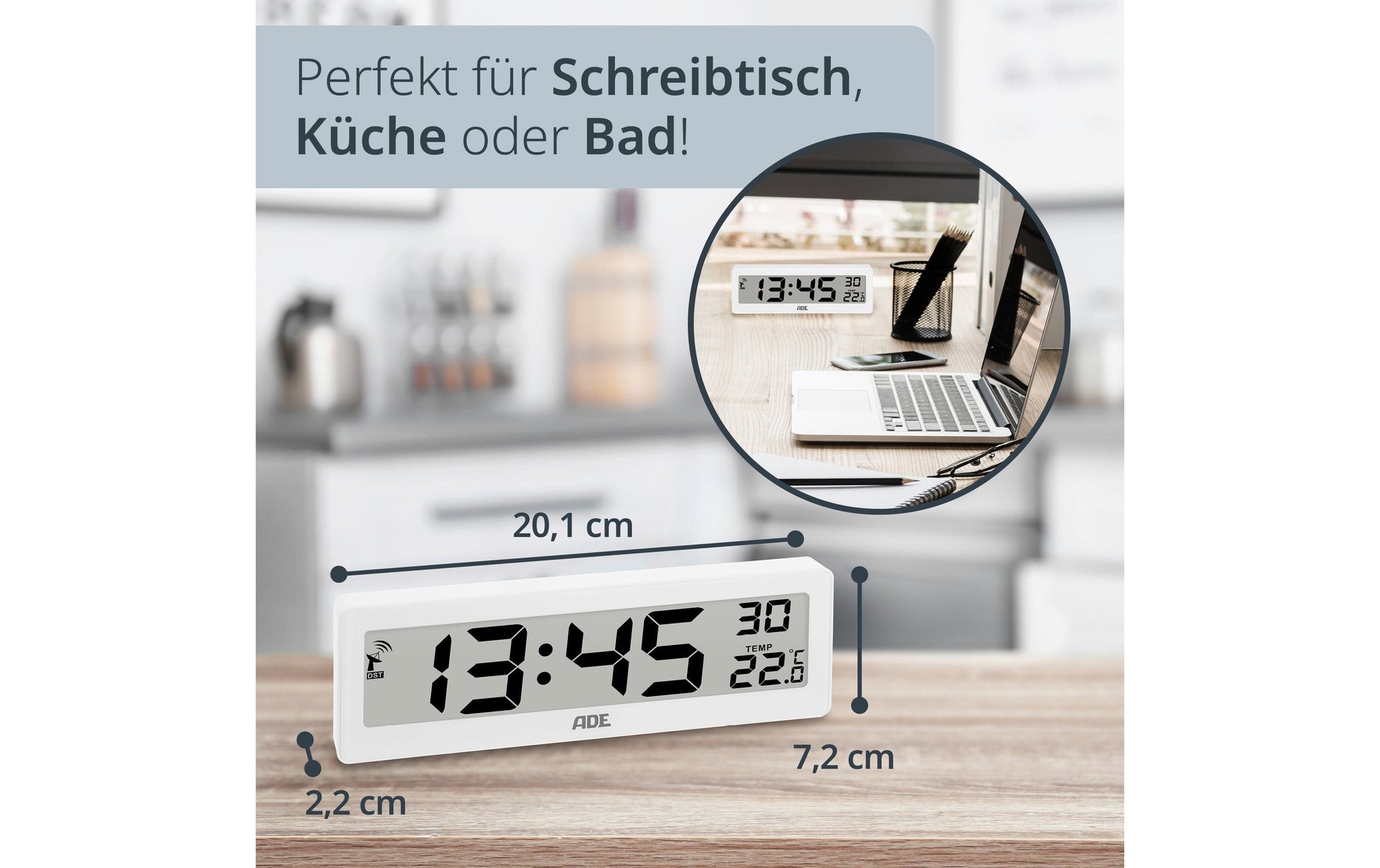 ADE Wecker CK1704-1 Funk – Digital – 21,6 × 2,2 × 7,2 cm, Weiss, Schlummerfunktion, Thermometer