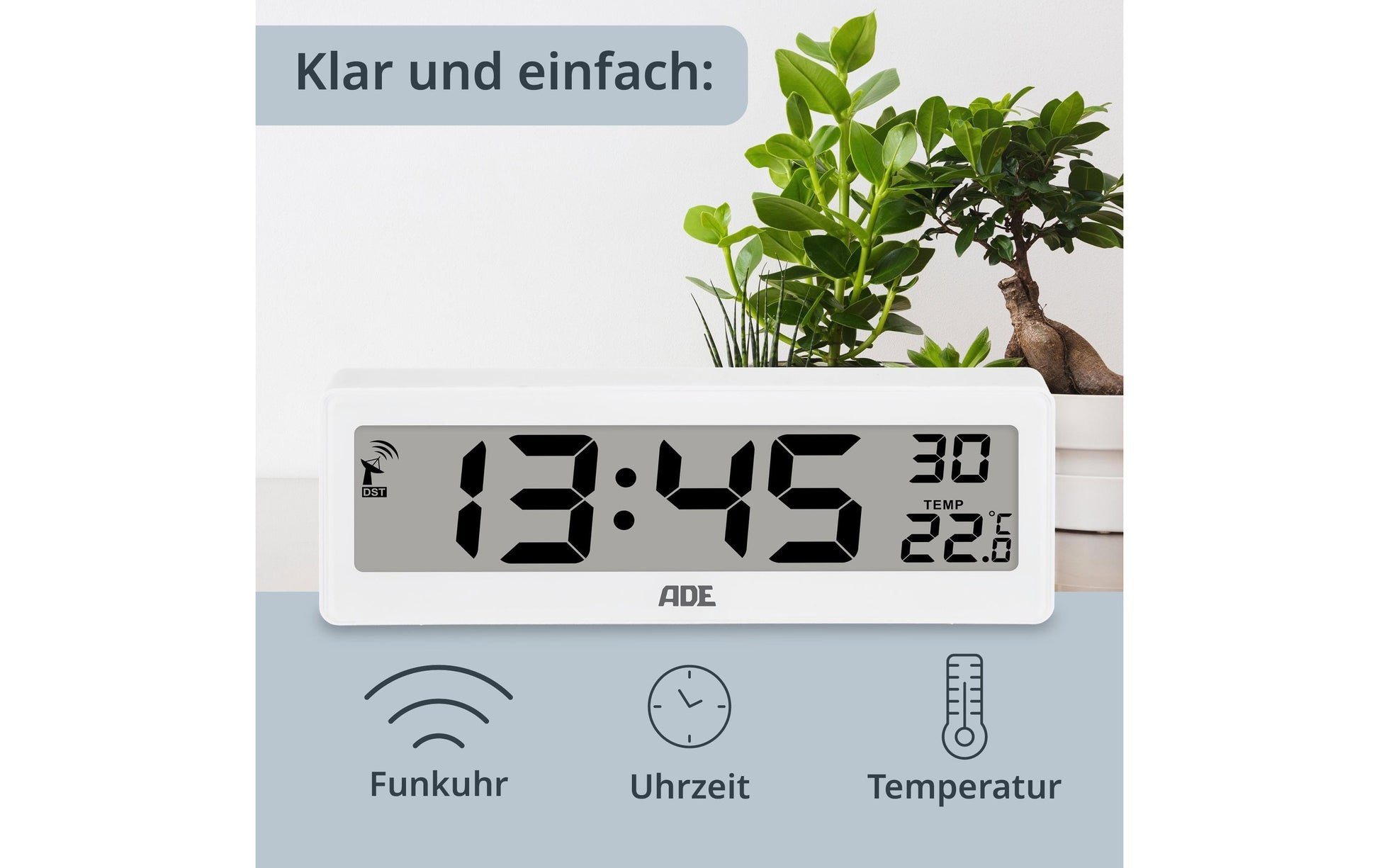 ADE Wecker CK1704-1 Funk – Digital – 21,6 × 2,2 × 7,2 cm, Weiss, Schlummerfunktion, Thermometer