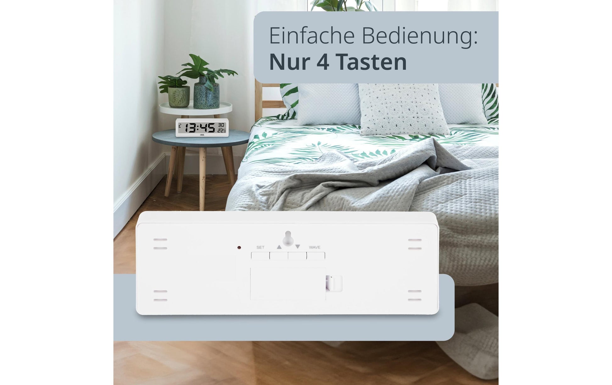 ADE Wecker CK1704-1 Funk – Digital – 21,6 × 2,2 × 7,2 cm, Weiss, Schlummerfunktion, Thermometer