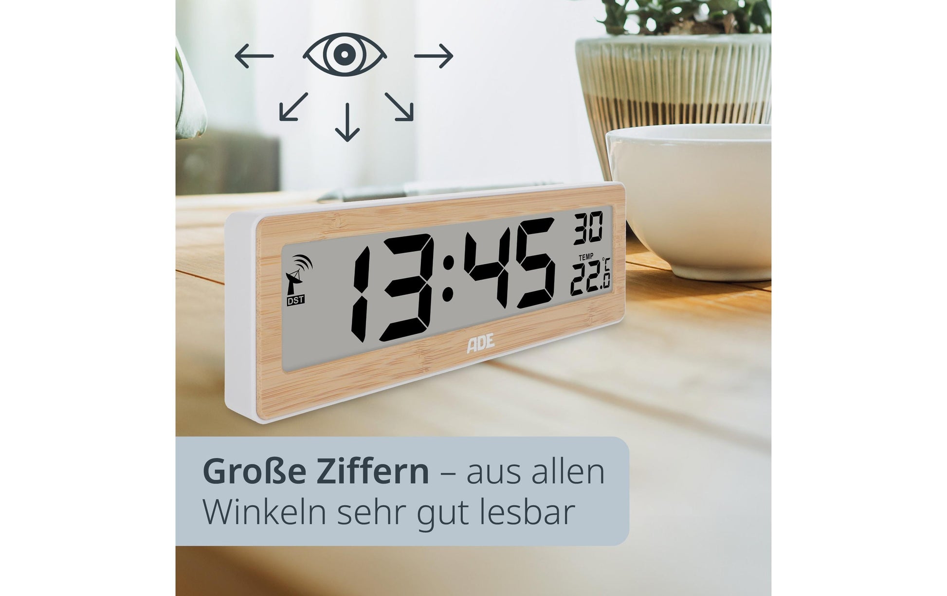 ADE Tischuhr CK1704 – Funk – Digital – 21,6 × 7,2 × 2,2 cm, Braun, Bambus, Thermometer
