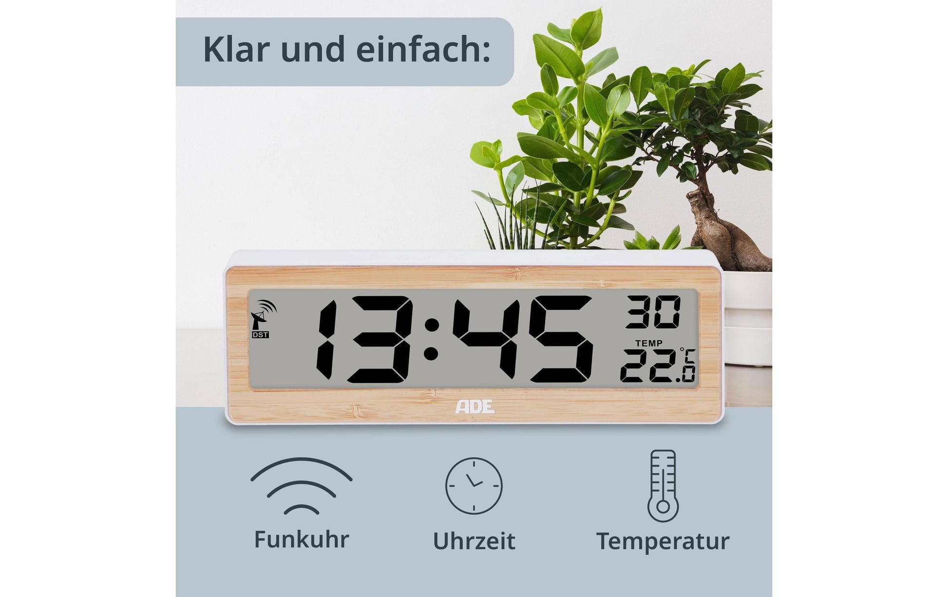 ADE Tischuhr CK1704 – Funk – Digital – 21,6 × 7,2 × 2,2 cm, Braun, Bambus, Thermometer
