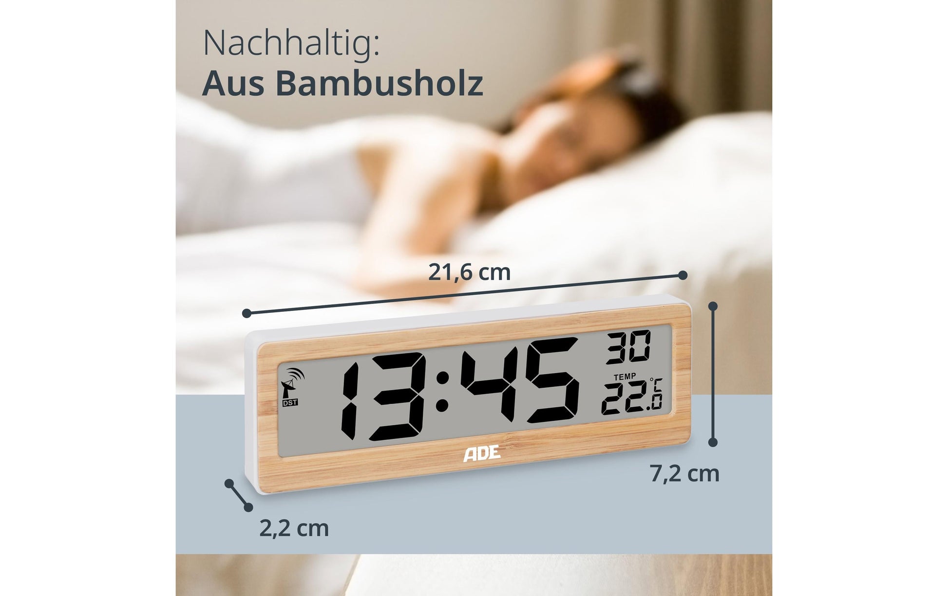 ADE Tischuhr CK1704 – Funk – Digital – 21,6 × 7,2 × 2,2 cm, Braun, Bambus, Thermometer