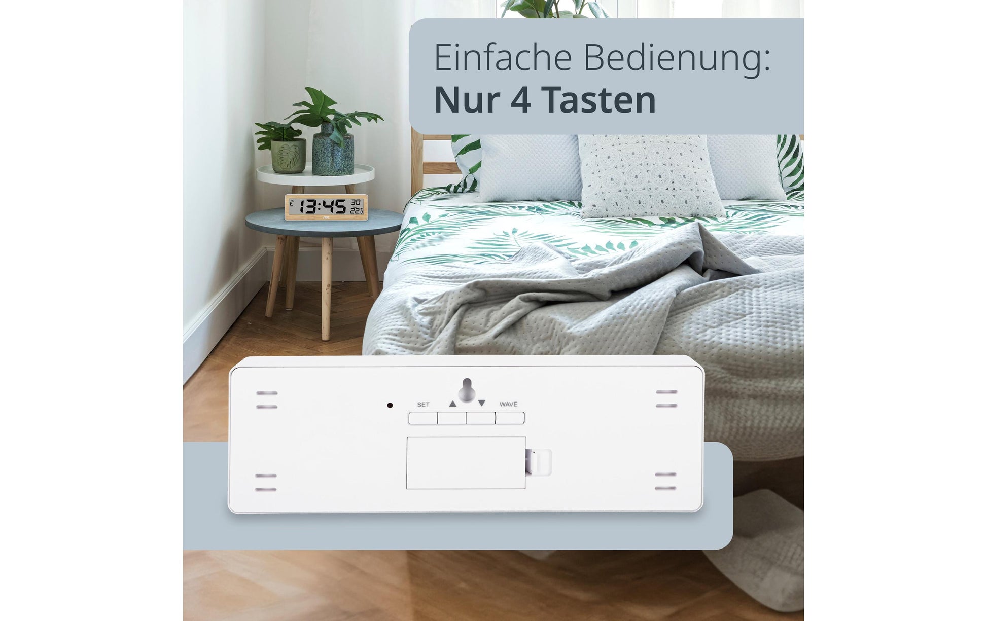 ADE Tischuhr CK1704 – Funk – Digital – 21,6 × 7,2 × 2,2 cm, Braun, Bambus, Thermometer