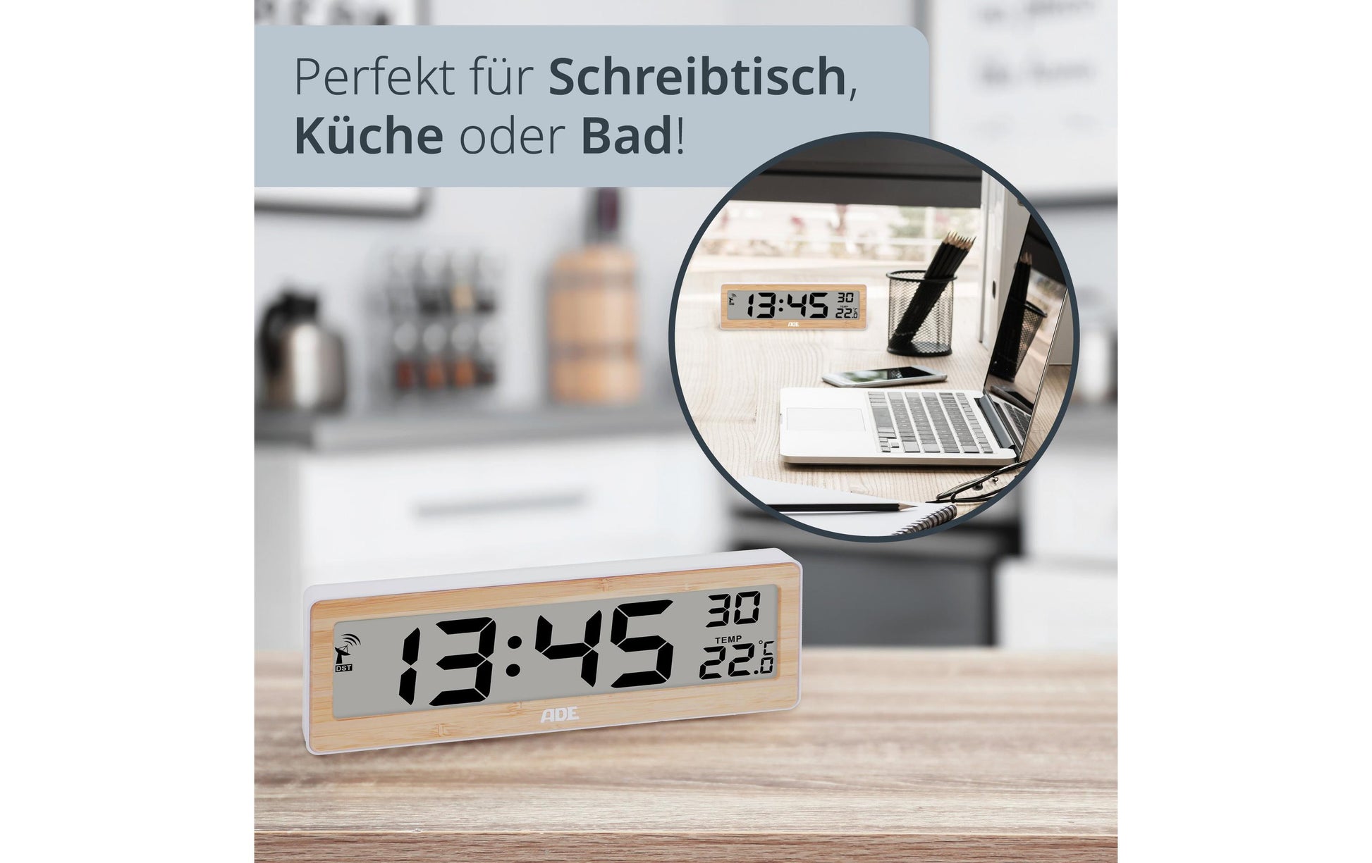 ADE Tischuhr CK1704 – Funk – Digital – 21,6 × 7,2 × 2,2 cm, Braun, Bambus, Thermometer