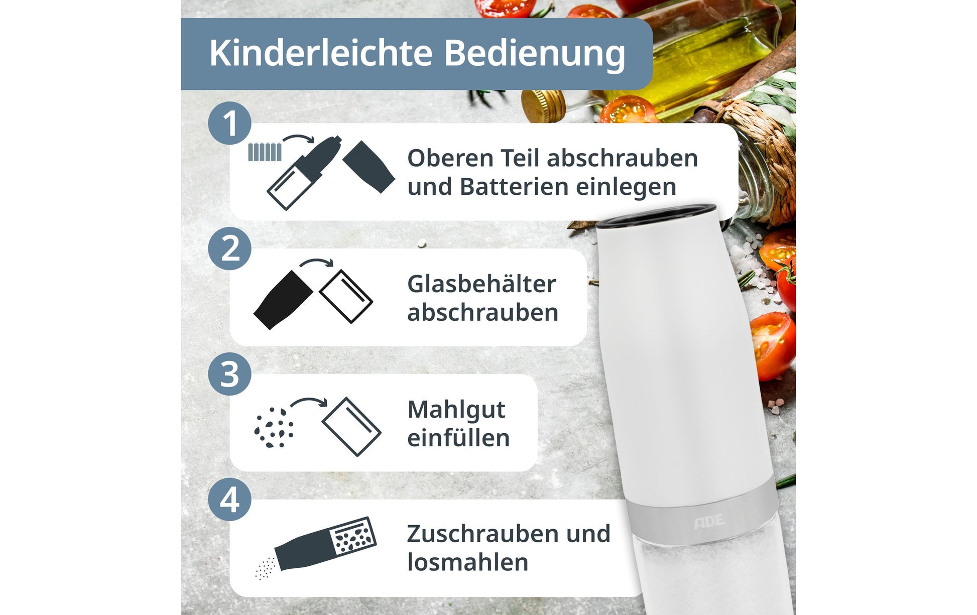 ADE Salz- und Pfeffermühle 18,3 cm, Glas/Kunststoff, Keramikmahlwerk, 2er-Set, Schwarz/Weiss