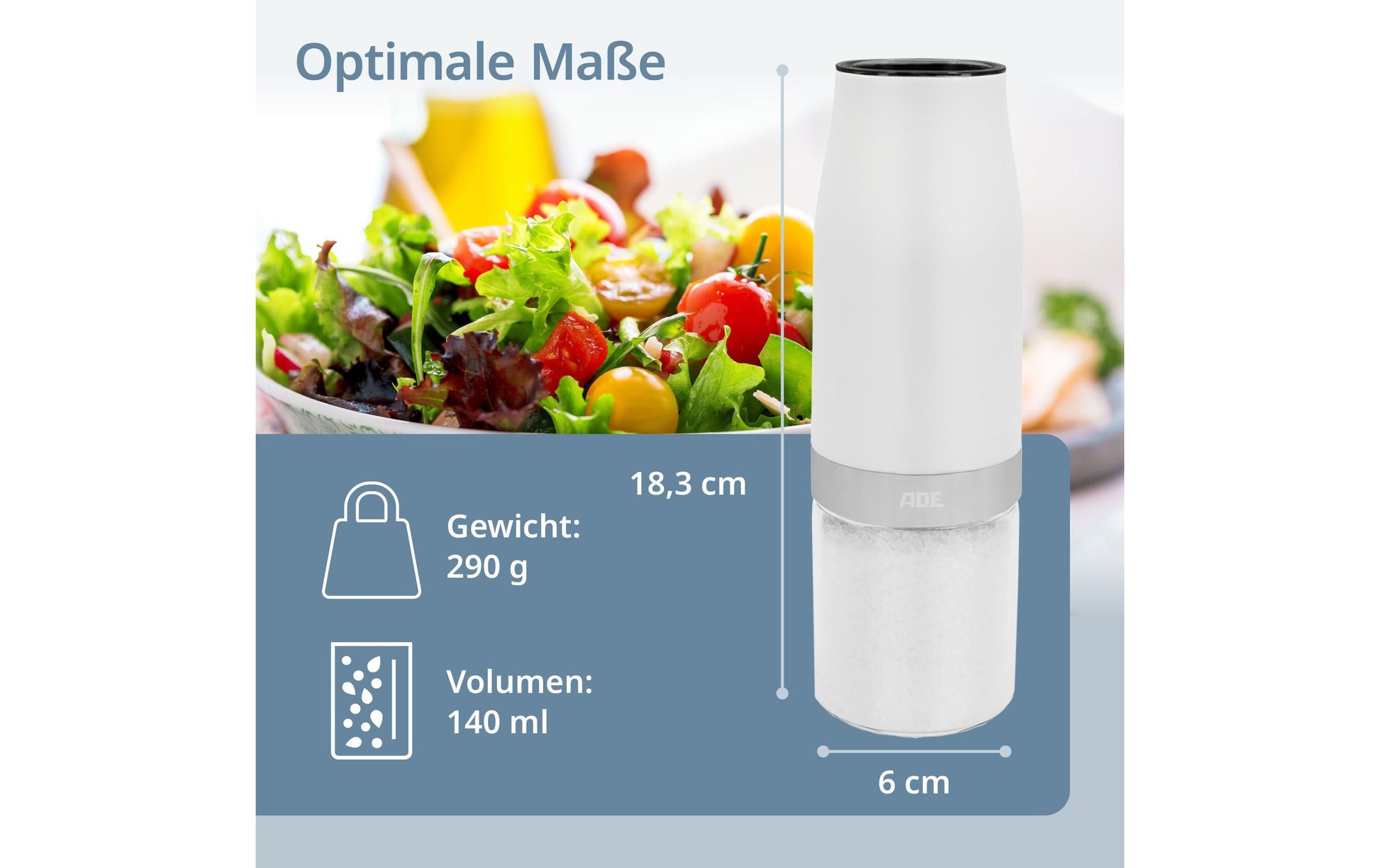 ADE Salz-/Pfeffermühle Ø 6 × 18,3 cm, Glas/ABS, Keramikklinge, Weiss
