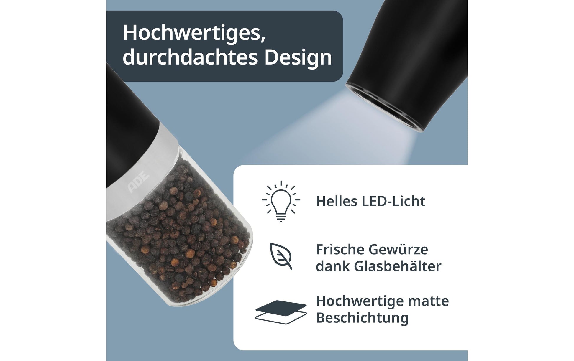 ADE Salz- und Pfeffermühle 18,3 cm, Glas/Kunststoff, Keramikmahlwerk, 2er-Set, Schwarz/Weiss