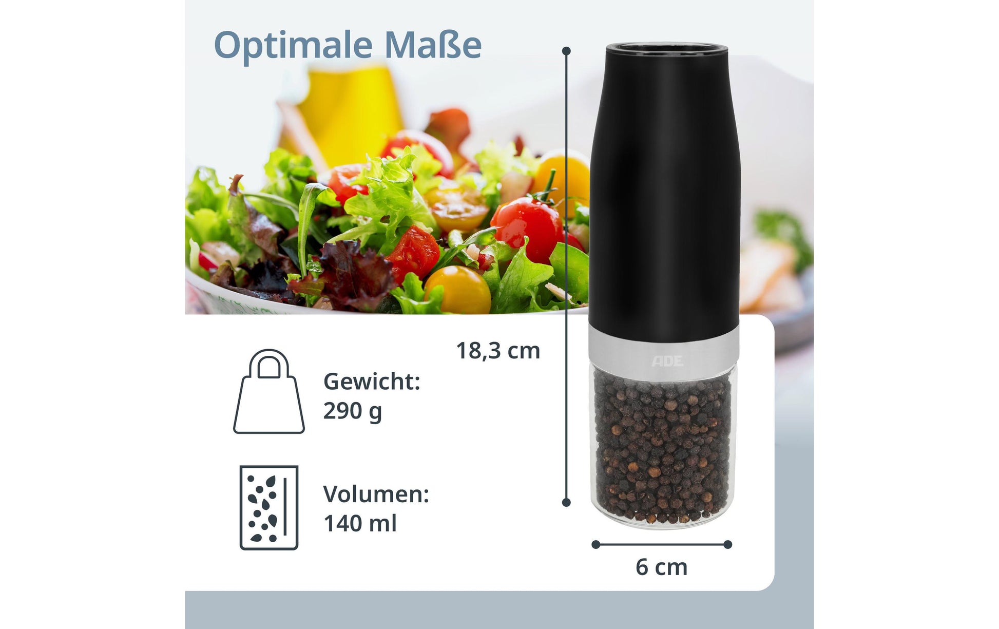 ADE Salz-/Pfeffermühle 18,3 cm, Glas/ABS, Keramikmahlwerk, Schwarz