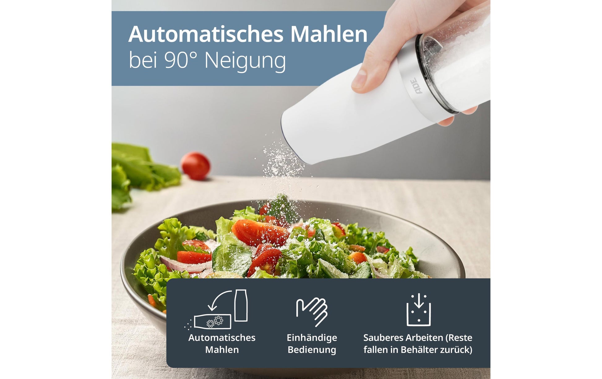 ADE Salz- und Pfeffermühle 18,3 cm, Glas/Kunststoff, Keramikmahlwerk, 2er-Set, Schwarz/Weiss