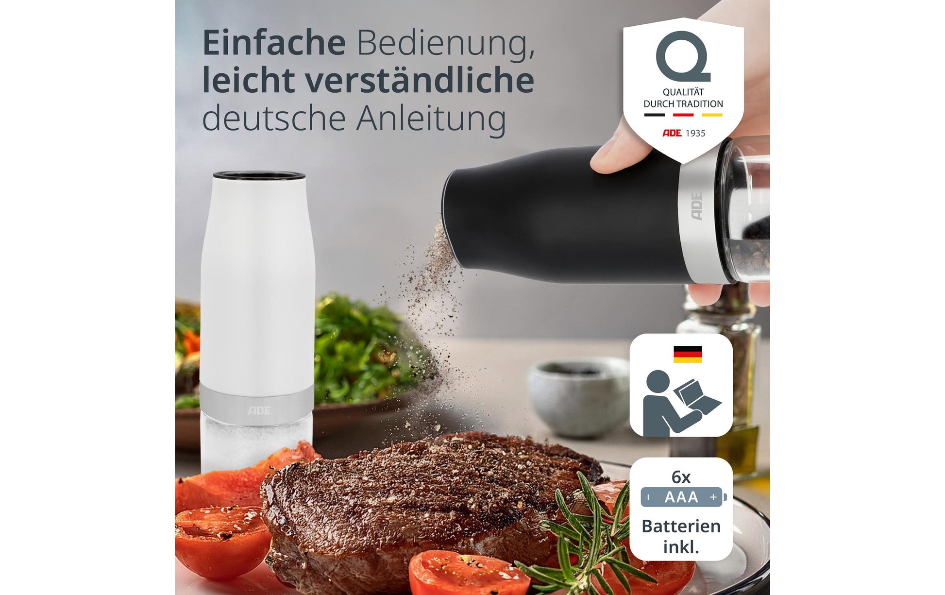 ADE Salz- und Pfeffermühle 18,3 cm, Glas/Kunststoff, Keramikmahlwerk, 2er-Set, Schwarz/Weiss