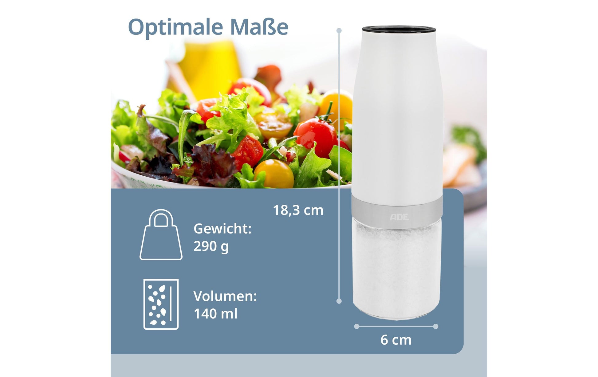 ADE Salz- und Pfeffermühle 18,3 cm, Glas/Kunststoff, Keramikmahlwerk, 2er-Set, Schwarz/Weiss