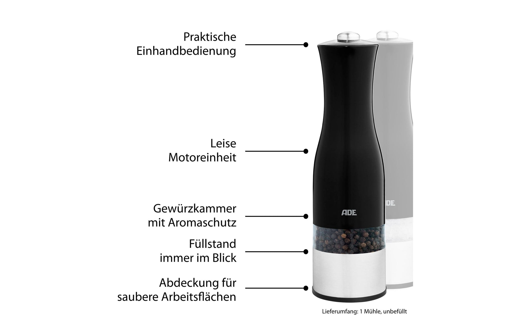 ADE Salz-/Pfeffermühle 20,5 cm, Keramik, Schwarz, batteriebetrieben