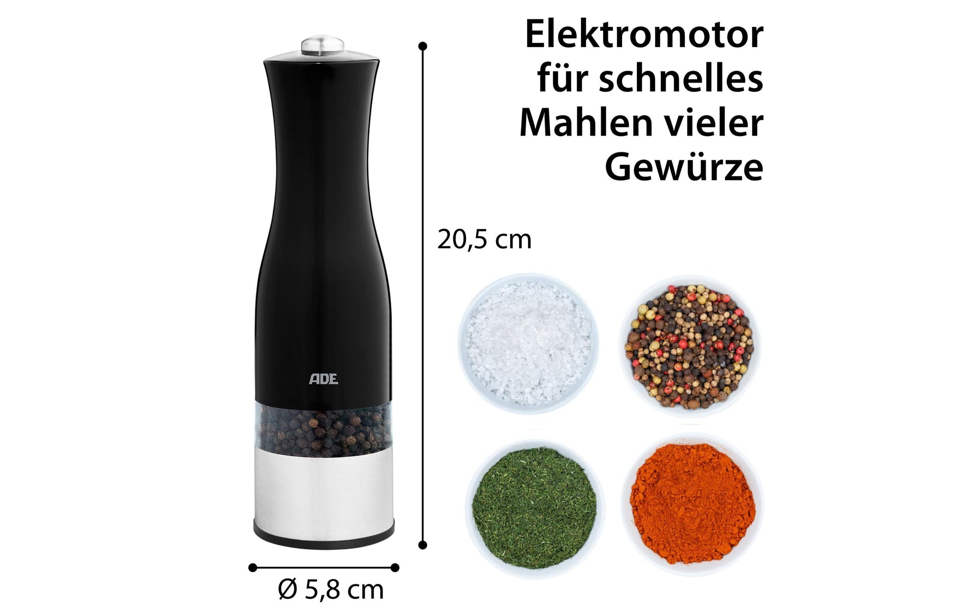 ADE Salz-/Pfeffermühle 20,5 cm, Keramik, Schwarz, batteriebetrieben
