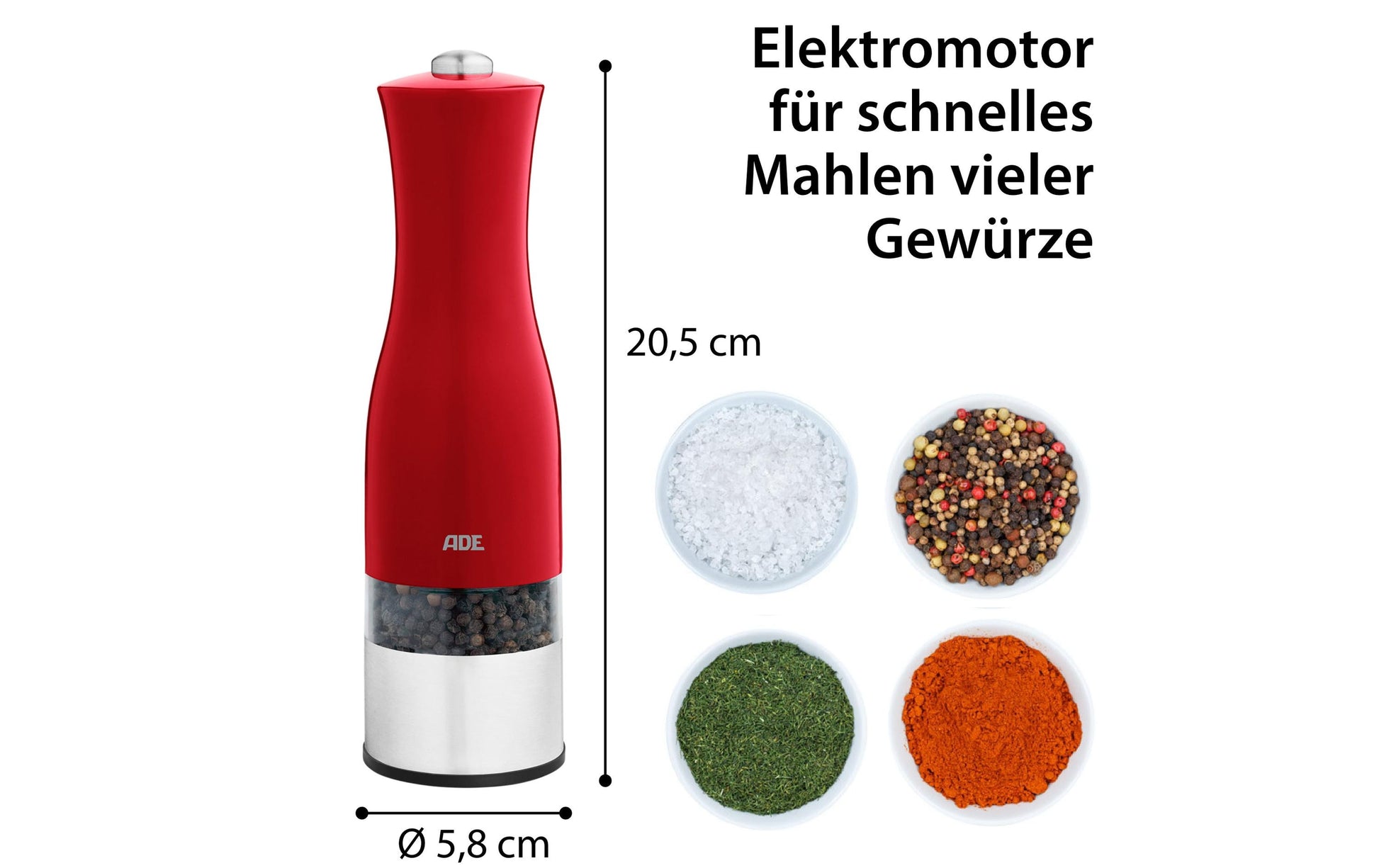 ADE Salz-/Pfeffermühle Ø 5,7 × 20,5 cm, Acrylnitril-Butadien-Styrol (ABS)/Edelstahl, Keramikmahlwerk, Rot