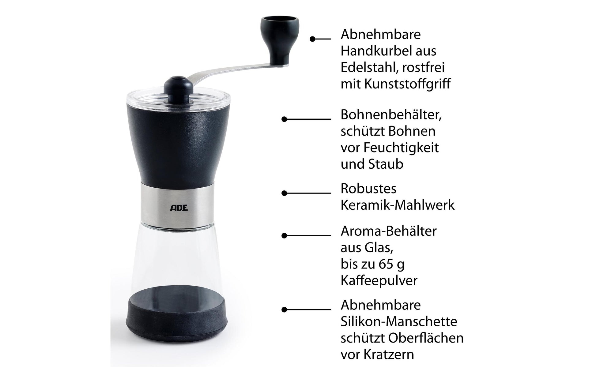 ADE e2–93 Kaffeemühle 65 g, Ø 7,2 x 16,5 cm, Keramik (Mahlwerk), Schwarz