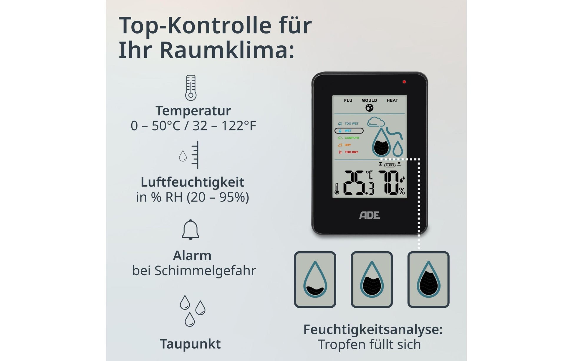 ADE WS2310-2 Thermo-Hygrometer (Handgerät) – 0–50 °C, 20–95 % rF, Innen