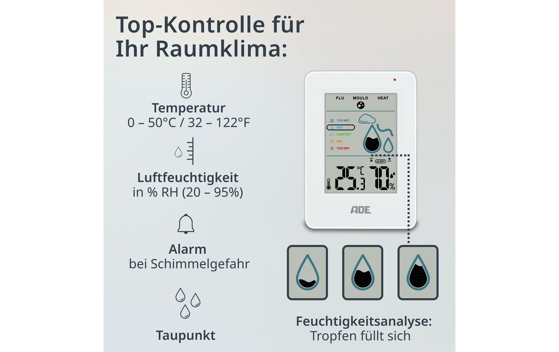 ADE WS2310-1 Thermo-Hygrometer (Handgerät) – 0–50 °C, 20–95 %, Innen