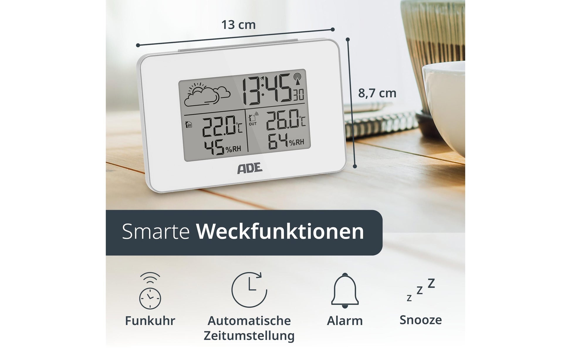 ADE WS2136-2 Temperatur-/Feuchtesensor – 433 MHz, −20–60 °C, 20–95 %, Innen/Aussen