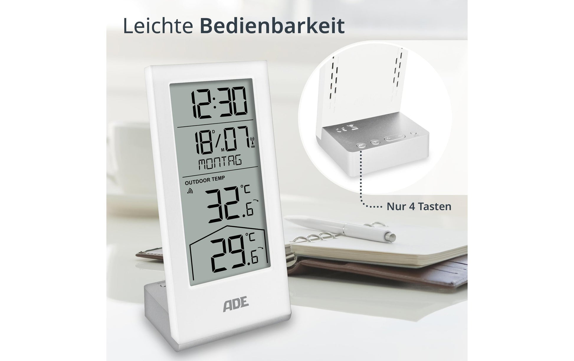 ADE Wetterstation – Funk, inkl. Aussensensor, Uhrzeitanzeige – Weiss