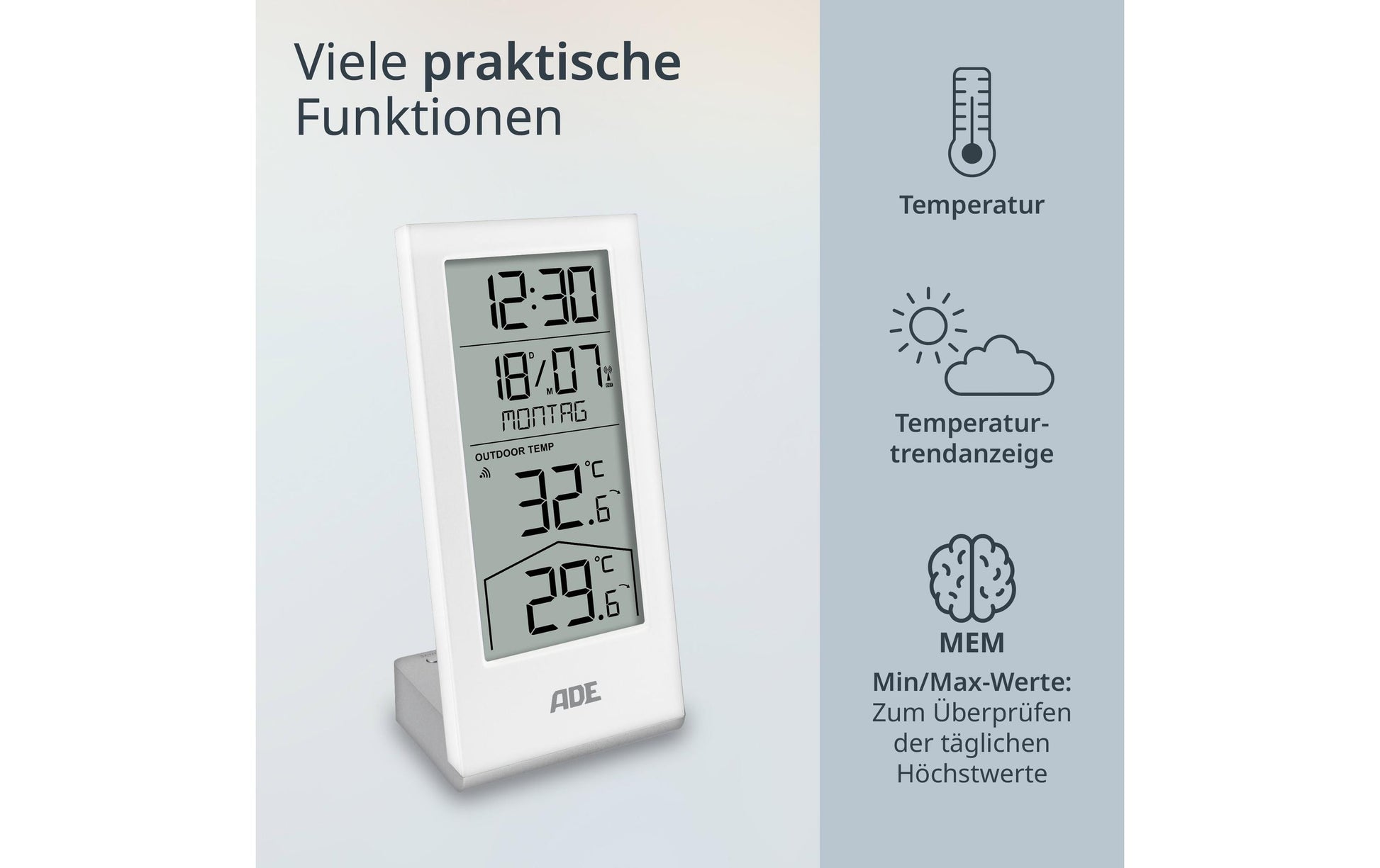 ADE Wetterstation – Funk, inkl. Aussensensor, Uhrzeitanzeige – Weiss