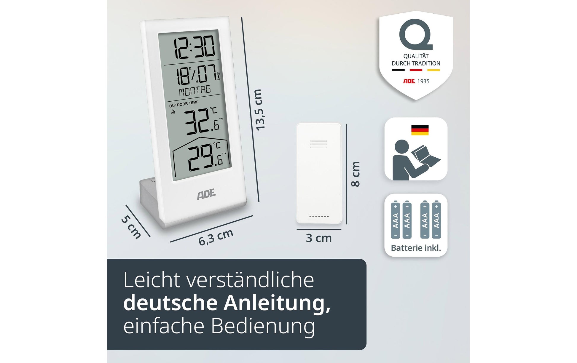 ADE Wetterstation – Funk, inkl. Aussensensor, Uhrzeitanzeige – Weiss