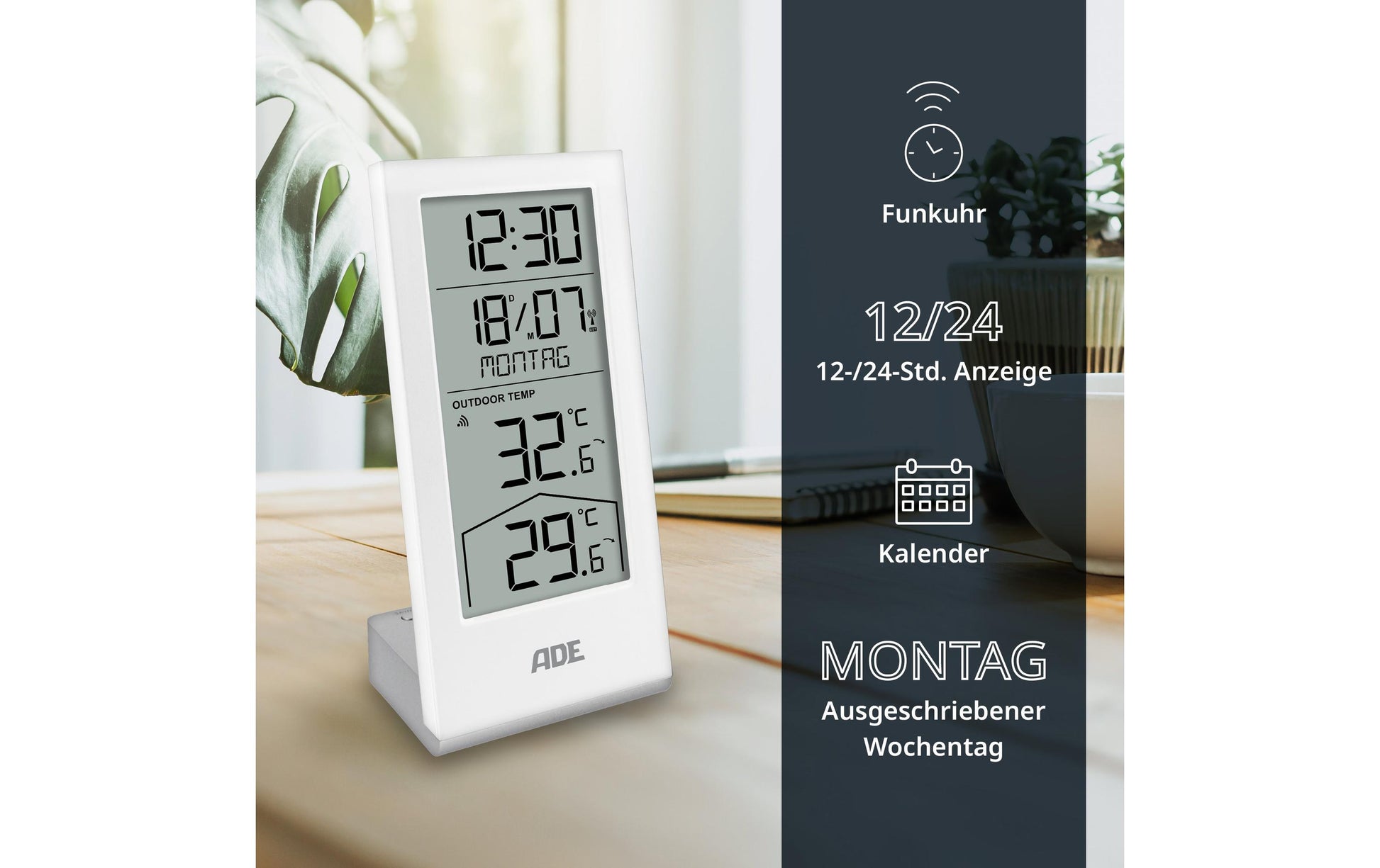 ADE Wetterstation – Funk, inkl. Aussensensor, Uhrzeitanzeige – Weiss